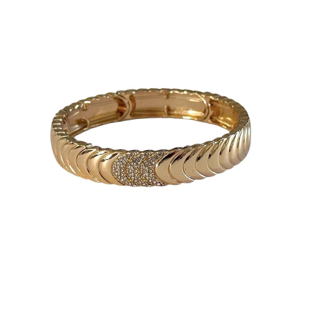 Vintage Gold Tone and Clear Rhinestones 7 Inch Elastic Bangle Bracelet.